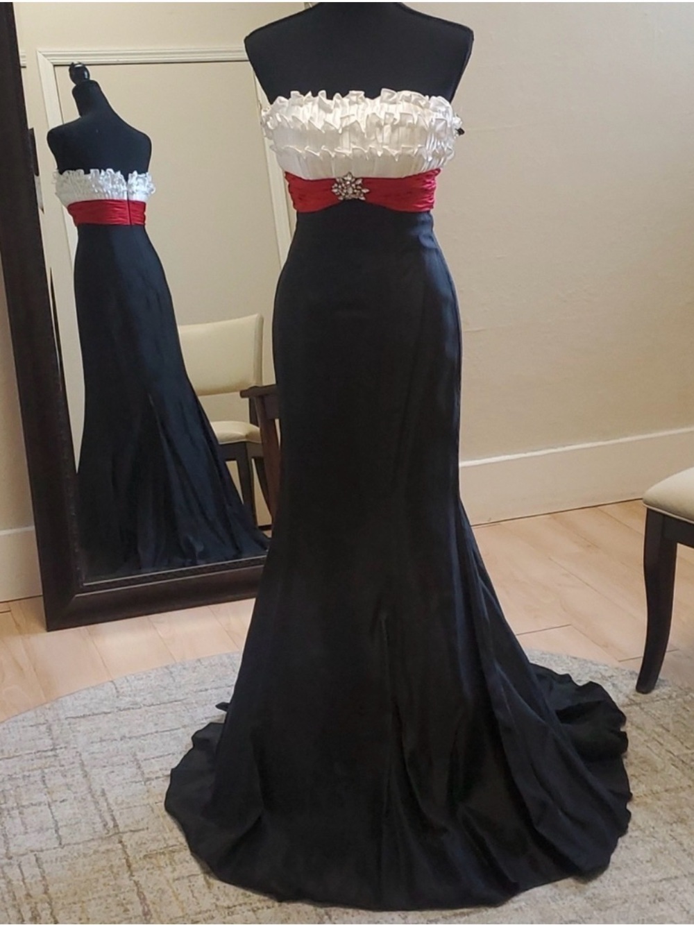 Sherri Hill Strapless Black Gown with White Ruffle Bodice and Red Sash